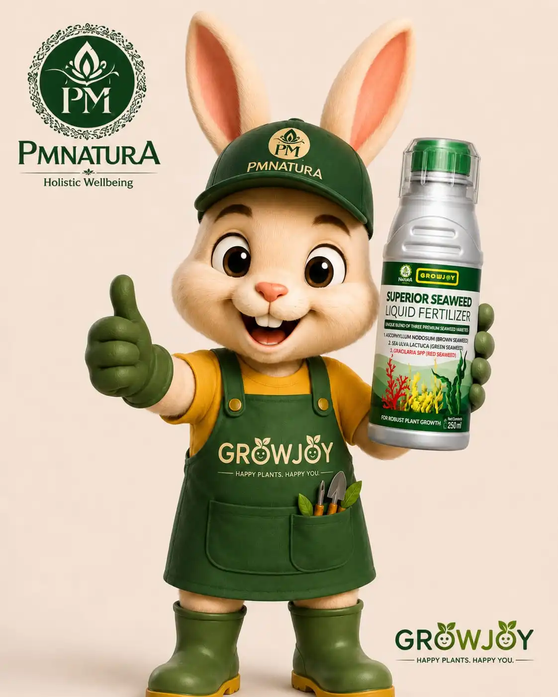 PmNatura GrowJoy bunny mascot presenting seaweed plant nutrition