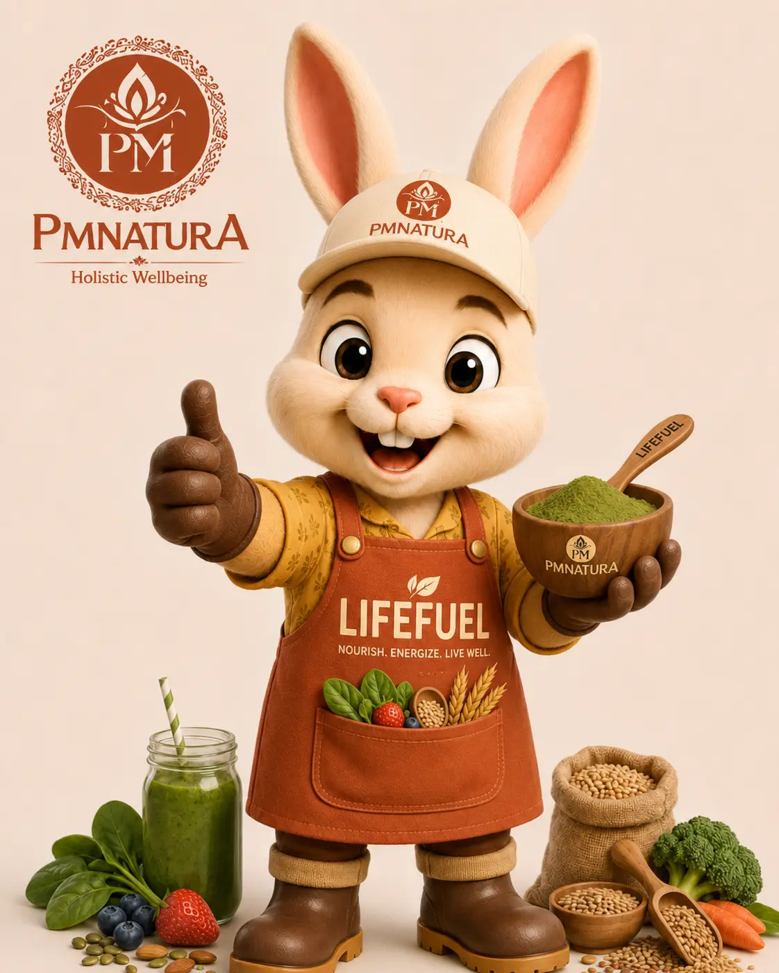 PmNatura LifeFuel bunny mascot presenting natural superfoods