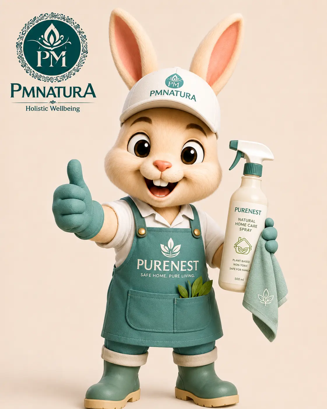 PmNatura PureNest bunny mascot presenting natural home-care spray