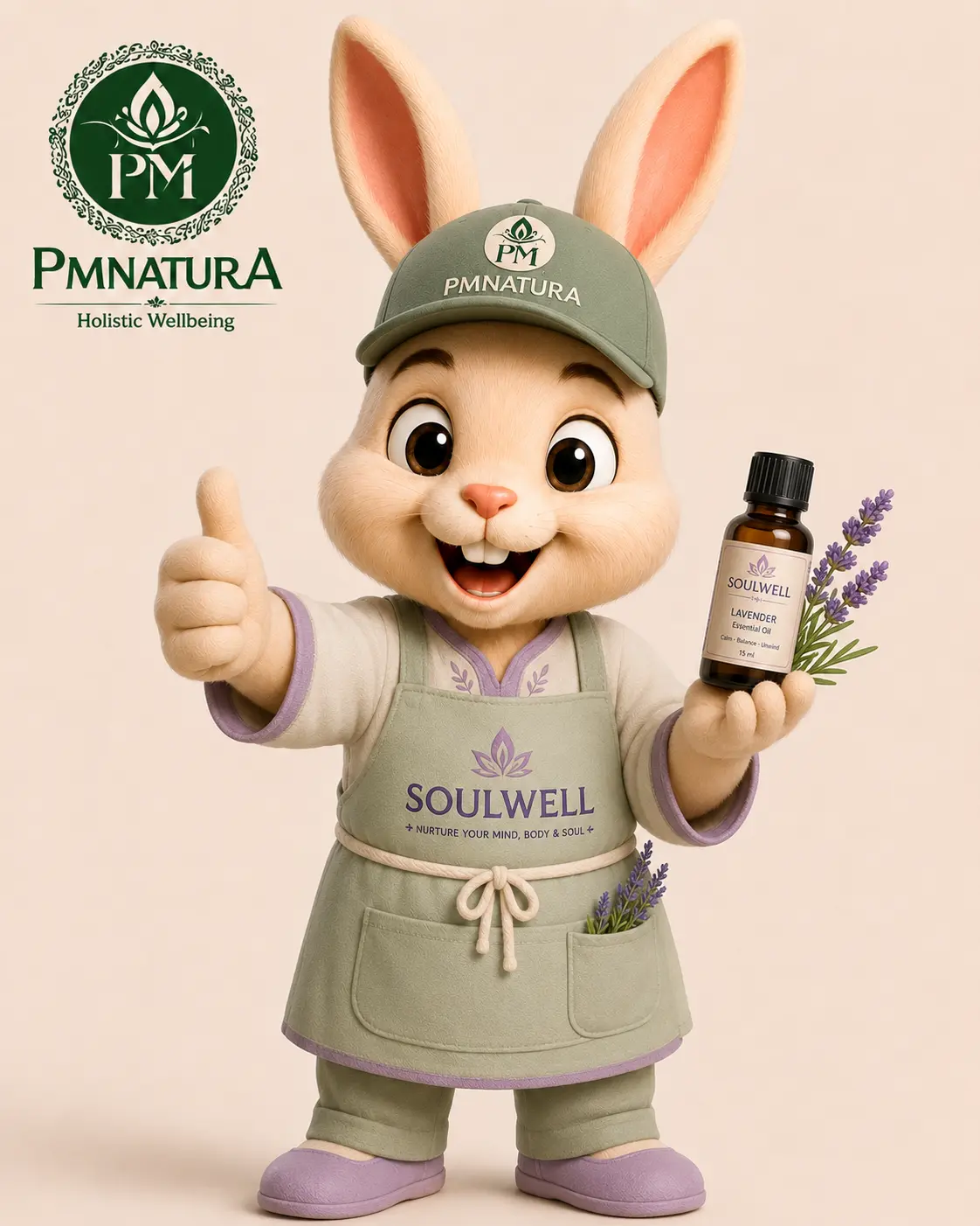 PmNatura SoulWell bunny mascot presenting lavender wellness oil